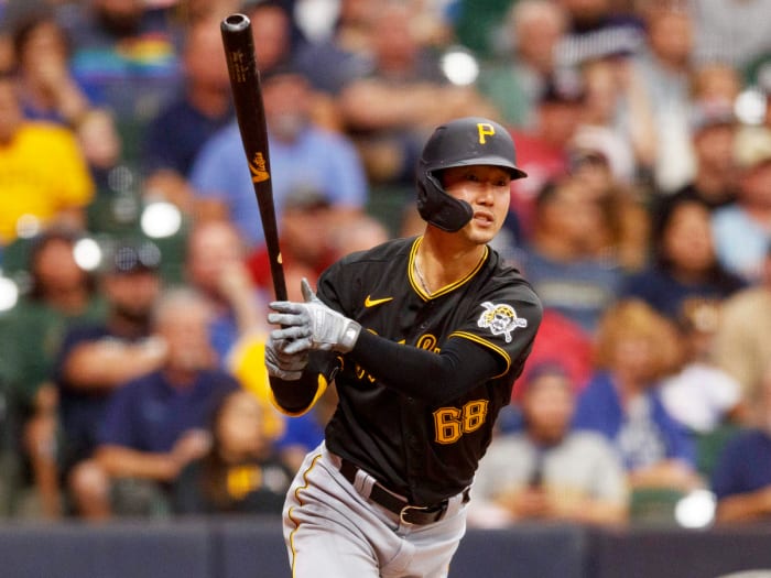 Aug 3, 2021; Milwaukee, Wisconsin, USA; Pittsburgh Pirates center fielder Hoy Park (68) hits a three run double during the seventh inning against the Milwaukee Brewers at American Family Field.